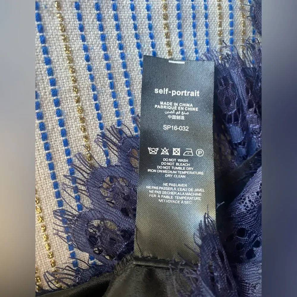 Self-Portrait Mini Dress Size 0 Navy Blue  Lace Ruffles Sleeve Lined - Picture 9 of 16